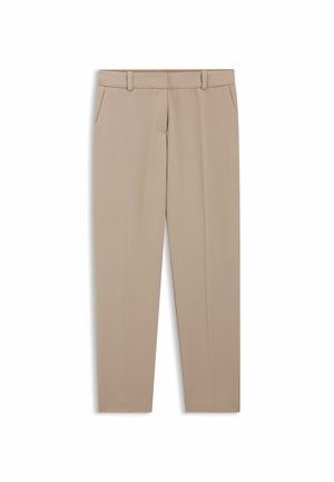 Beige op maat gemaakte broeken met een vlakke voorkant, zijzakken, riemlussen en een recht model. Gladde stof met een subtiele glans.