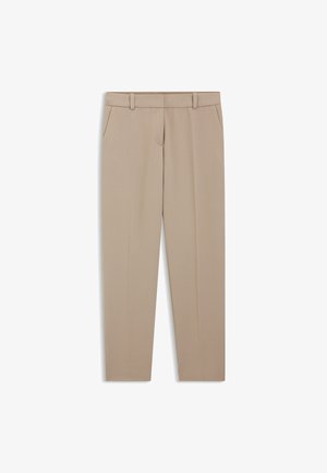 Beige op maat gemaakte broeken met een vlakke voorkant, zijzakken, riemlussen en een recht model. Gladde stof met een subtiele glans.