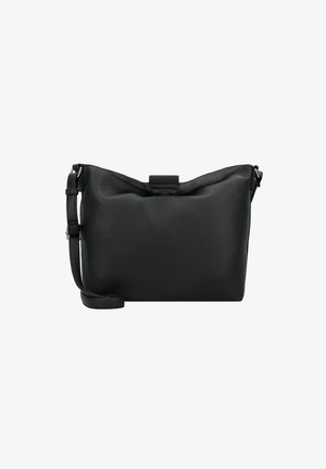 Sac en cuir noir à bandoulière avec une texture lisse, une forme plate et une courte sangle. Présente un design simple avec une fermeture à rabat supérieur.