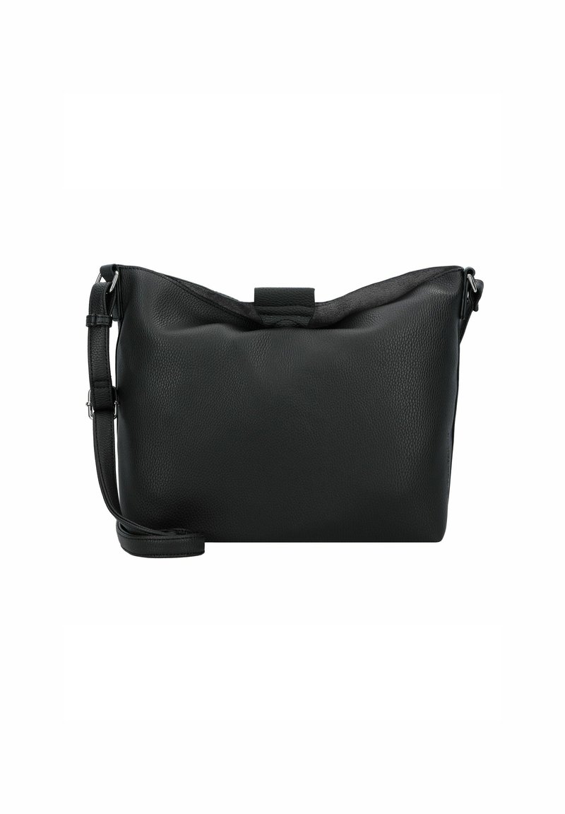 Schwarze Leder-Crossbody-Tasche mit glatter Textur, flacher Form und kurzem Tragegurt. Sie verfügt über ein einfaches Design mit einem Klappenverschluss oben.