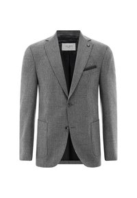 Blazer grigio con texture, caratterizzato da chiusura a due bottoni, rever a puntale e un taschino sul petto con accentuazione nera. Presenta due tasche frontali.