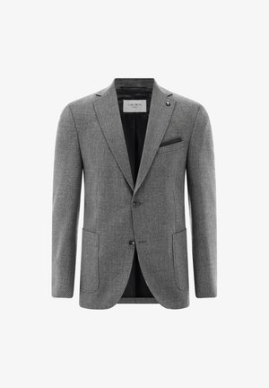 Grijze gestructureerde blazer met een sluiting van twee knopen, opstaande revers en een enkele borstzak met zwarte accenten. Inclusief twee voorzakken.