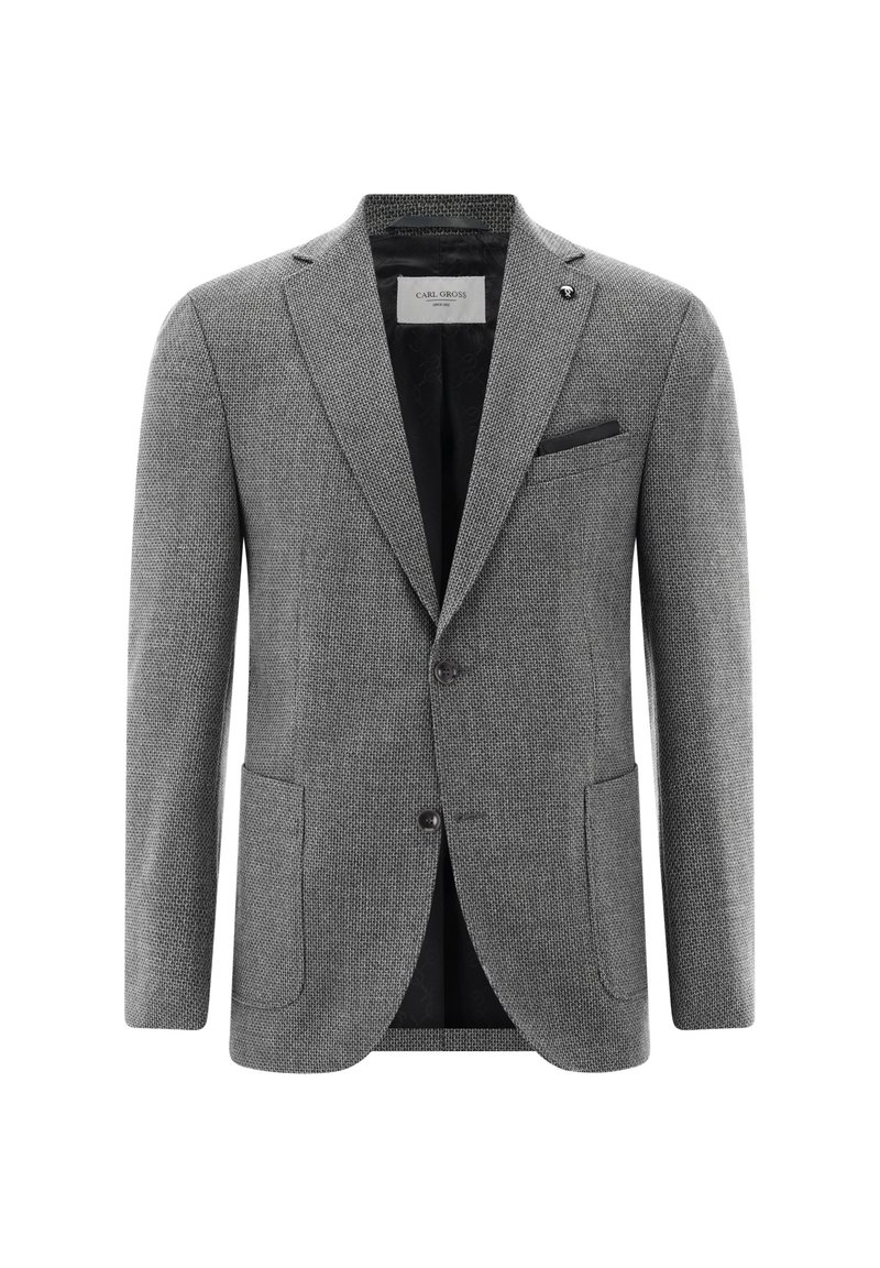 Blazer grigio con texture, caratterizzato da chiusura a due bottoni, rever a puntale e un taschino sul petto con accentuazione nera. Presenta due tasche frontali.