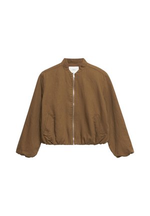 Veste bomber légère marron avec manches longues, fermeture éclair à l'avant, ourlet élastique et deux poches latérales, présentée sur fond blanc.
