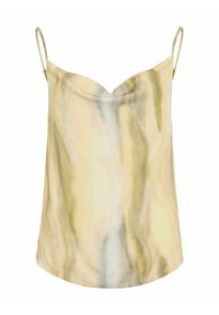 Camiseta de satén en crema y amarillo claro con un patrón mármol, que presenta finas tirantes ajustables y un escote en V.