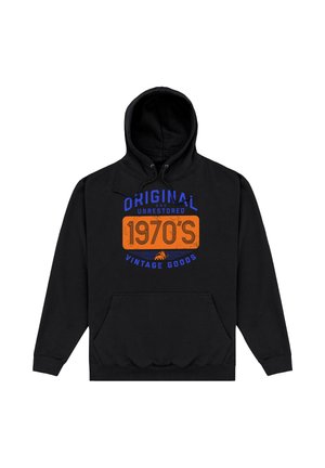 Felpa nera con cappuccio e tasca frontale, testo blu e arancione con la scritta "Prodotti vintage originali e non restaurati degli anni '70."