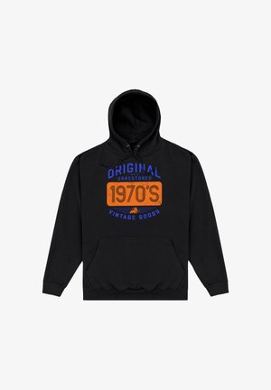 Černá mikina s kapucí a přední kapsou, modrý a oranžový nápis "Originální a neobnovené vintage zboží z 70. let".