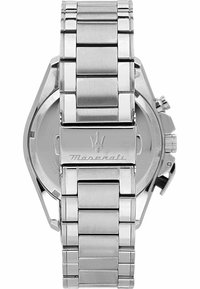 Silberne Edelstahl-Uhr mit gebürsteter und polierter Oberfläche, achteckiger Gehäuseform und einem Verschluss, der mit einem Dreizack-Logo graviert ist.