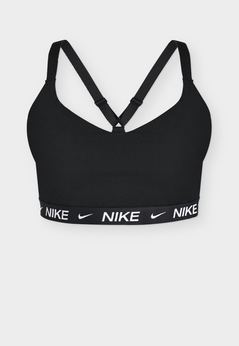 Μαύρο αθλητικό σουτιέν Nike με ενισχυμένα cups, ρυθμιζόμενες χιαστί τιράντες και ελαστική ταινία με λογότυπο στο κάτω μέρος.