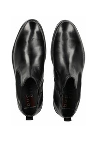 Schwarze Leder-Stiefeletten mit elastischen Seiteneinsätzen und glatter Oberfläche. Runde Zehenform und dezente, markenbezogene Innendetails.