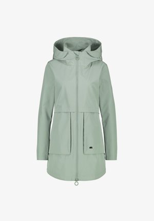 Light green waterproof jacket with a hood, full front zipper, two large front pockets, and a relaxed fit. Smooth texture.