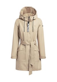 Beige waterproof jacket with a hood, zipper closure, drawstrings, pockets, and a belted waist; features black hardware and logo detail.