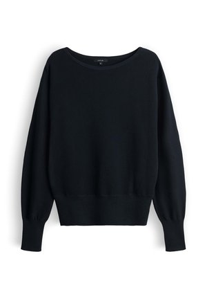 Black long-sleeve crew neck sweater with ribbed cuffs and hem, displayed flat against a white background.