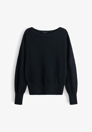 Black long-sleeve crew neck sweater with ribbed cuffs and hem, displayed flat against a white background.