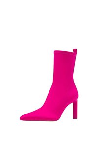Pink ankle boot with a pointed toe and a smooth, stretchy upper material. Features a moderate heel and a pull tab for easy wear.