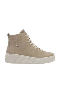 Beige suede high-top sneaker with a textured white rubber sole, featuring cream laces and a small logo accent on the side.