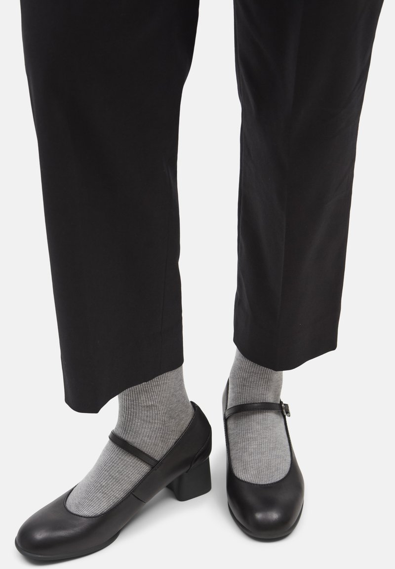 Black leather Mary Jane shoes with a rounded toe and block heel, paired with light gray ribbed socks, worn with black pants.