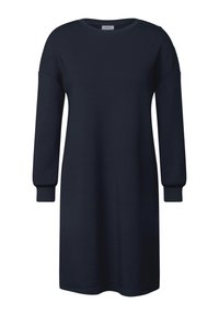 Marinblå långärmad klänning i mjukt tyg; har rund halsringning och rynkade manschetter, med avslappnad passform och knälång design.