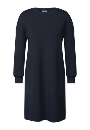 Abito lungo a maniche lunghe di colore blu navy realizzato in tessuto morbido; presenta un scollo rotondo e polsini arricciati, con una vestibilità comoda e un design fino al ginocchio.