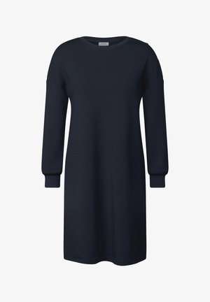 Robe longue bleu marine à manches longues en tissu doux ; présente un col rond et des poignets froncés, avec une coupe décontractée et une longueur au genou.