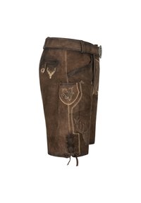 Shorts en cuir marron avec une broderie intricate de motifs de cerf, des coutures décoratives, une poche sur le côté et un détail à lacets au bas.