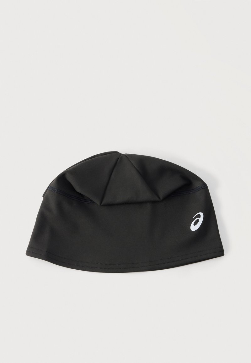 Black moisture-wicking swim cap with seam details and a white Asics logo on the side, laid flat on a white background.