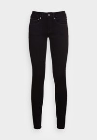 Jeans ajustados negros de mezclilla, con un diseño clásico de cinco bolsillos, herrajes plateados y una textura suave con acentos de costura mínimos.