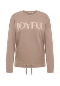 Beige långärmad sweatshirt med texten "JOYFUL" över bröstet och justerbara dragsko vid fållen.