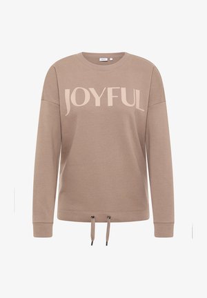 Beżowy długi rękaw sweatshirt z napisem "JOYFUL" na piersi oraz regulowanymi sznurkami u dołu.