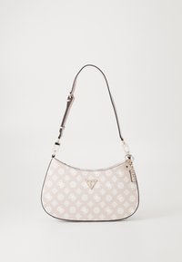 Beige Umhängetasche mit glatter, strukturierter Oberfläche. Verziert mit einem weißen Monogramm-Muster, silbernen Metallteilen und einem abnehmbaren Schlüsselanhänger.