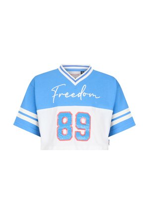 Niebiesko-biały krótki sportowy T-shirt z napisem „Freedom” i numerem 89 w stylu blokowym z przodu, krótkie rękawy z białymi paskami.