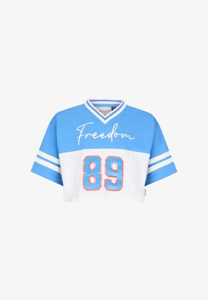 Niebiesko-biały krótki sportowy T-shirt z napisem „Freedom” i numerem 89 w stylu blokowym z przodu, krótkie rękawy z białymi paskami.