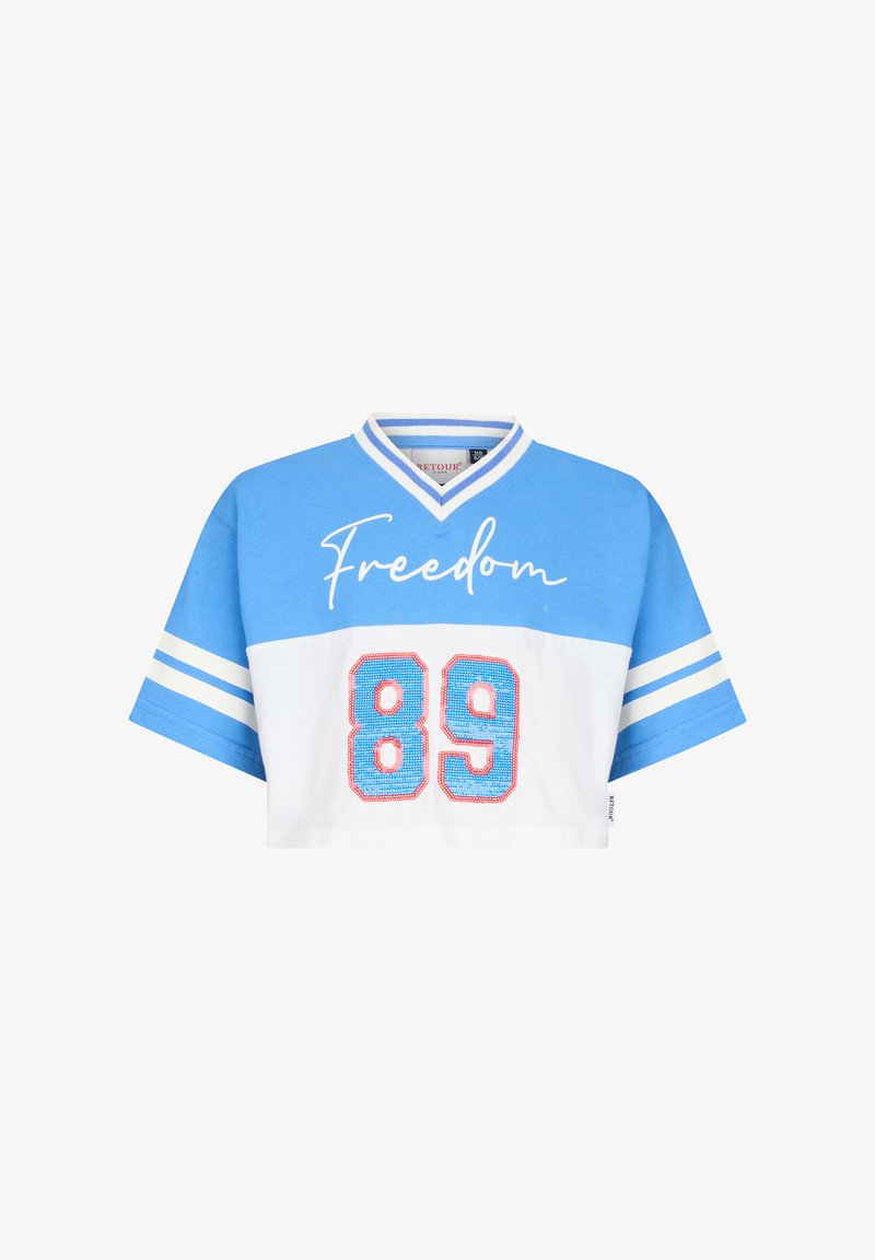T-shirt de sport court bleu et blanc avec le texte "Freedom" et le numéro 89 en style bloc sur le devant, manches courtes avec des rayures blanches.