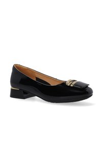 Černé lakované baleríny s kulatou špičkou, malým blokovým podpatkem a zlatým zapínáním v přední části. Hladký povrch po celém obvodu.