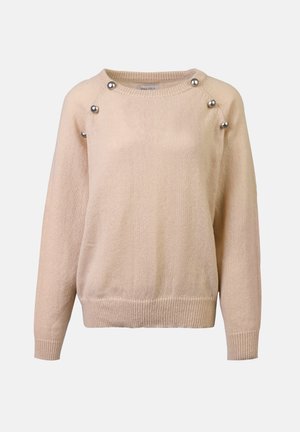 Beige sweater with a rounded neckline, long sleeves, and silver decorative buttons on the shoulders; made of soft, textured fabric.