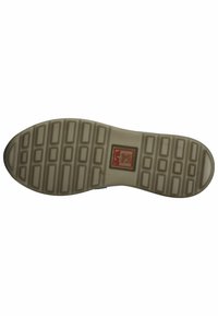 Suola della scarpa con una base in gomma beige piatta, caratterizzata da modelli di battistrada rettangolari e un'etichetta rossa con la scritta "ara High Soft".
