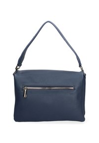Borsa a spalla in pelle blu con una texture liscia, una tracolla unica e una tasca frontale con zip caratterizzata da dettagli in metallo argentato.