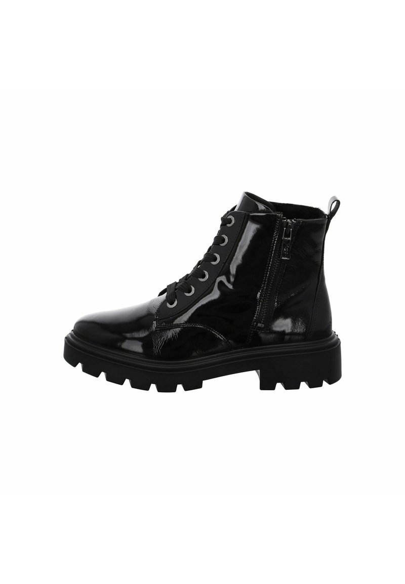 Bottines en cuir verni noir avec une semelle épaisse, dotées d'œillets en métal, de lacets et d'une fermeture éclair sur le côté pour un enfilage facile.