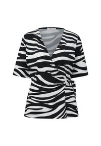 Haut cache-cœur à manches courtes, rayé noir et blanc façon zèbre, avec col en V et détail noué sur le côté.