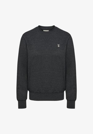 Donkergrijze sweatshirt met een ronde halslijn, ribbelige manchetten en onderzoom. Heeft een klein, lichtgekleurde chevronlogo op de borst.