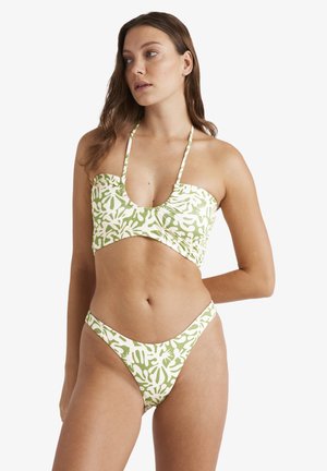 Bikini set featuring a green and white botanical pattern. Top has a sweetheart neckline with slim straps; bottom is a high-cut style.