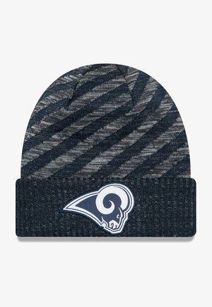 Berretto lavorato a maglia in blu navy e grigio con un risvolto a coste. Presenta una toppa bianca con il logo dei Rams sulla parte anteriore e un motivo a zigzag testurizzato.