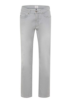 Jeans in denim grigio chiaro con design a gamba dritta, cuciture sottili, classico stile a cinque tasche e chiusura con bottone in vita.