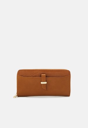 Brown leather wallet with a smooth finish, textured upper panel, and a gold-tone slider closure detail at the front.