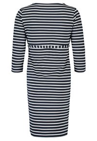 Tummansininen pitkähihaiseen mekko, jossa on valkoisia vaakaraitoja, vyötärö on istuva ja helma ylettyy polveen. Tasainen kangas ja yksinkertainen muotoilu.