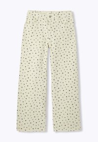 Pantalons de couleur crème au design large, ornés d'un motif floral bleu marine. Fabriqués en denim, ils comprennent des poches avant et une fermeture à bouton.