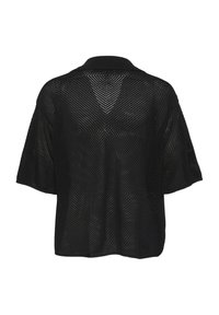 Maglietta nera a maniche corte con un design testurizzato a maglia aperta e colletto classico. Presenta una vestibilità rilassata e una leggera spalla scesa.