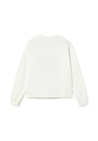 Sudadera blanca con un diseño minimalista, puños acanalados y un escote redondeado. La tela parece suave con una textura agradable. Se muestra la vista trasera.