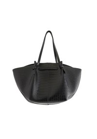 Borsa a spalla nera realizzata in materiale sintetico effetto cocco. Presenta due manici, un'apertura ampia e una forma strutturata con una finitura lucida.