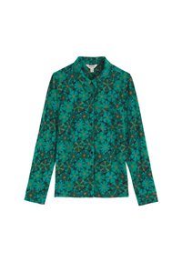 Žalia raštuota marškiniai su mygtukais priekyje, su gėlių dizainu melsvų, rudų ir oranžinių atspalvių. Ilgos rankovės, įprastos figūros.